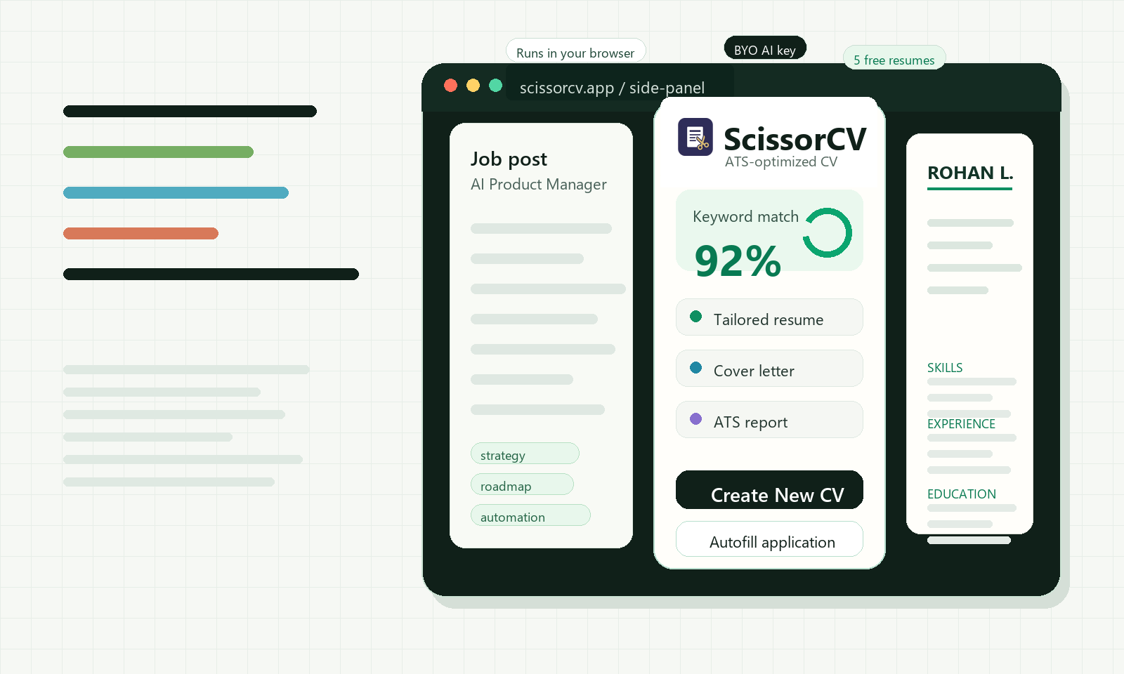 ScissorCV product interface showing a job post, side panel, ATS score, and resume preview
