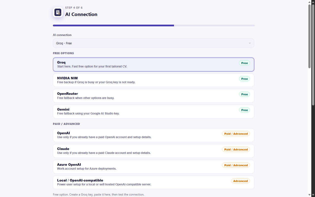 ScissorCV onboarding screen listing free AI providers to connect, with a recommended free default highlighted