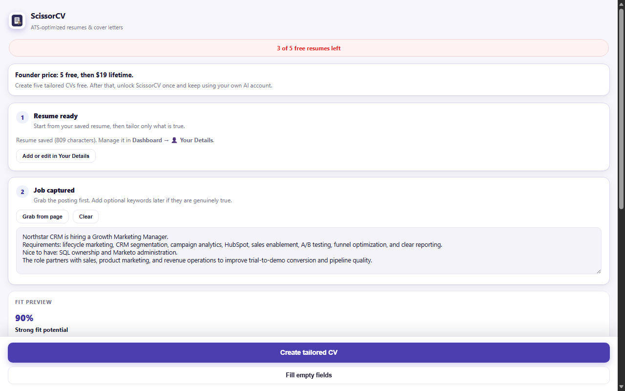 ScissorCV side panel open next to a job posting, reading the job description from the active tab