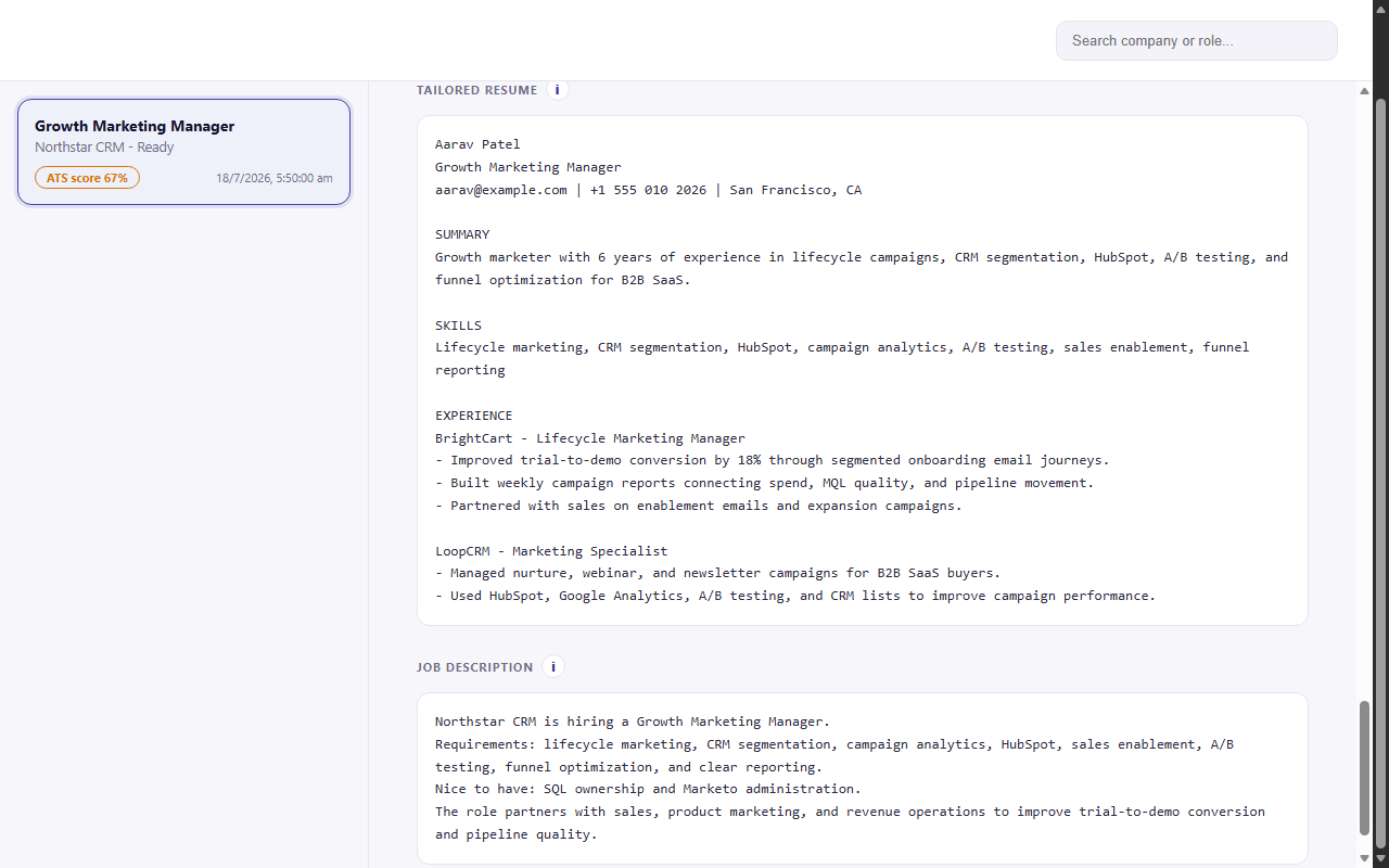ScissorCV dashboard showing a tailored resume generated for a specific job description