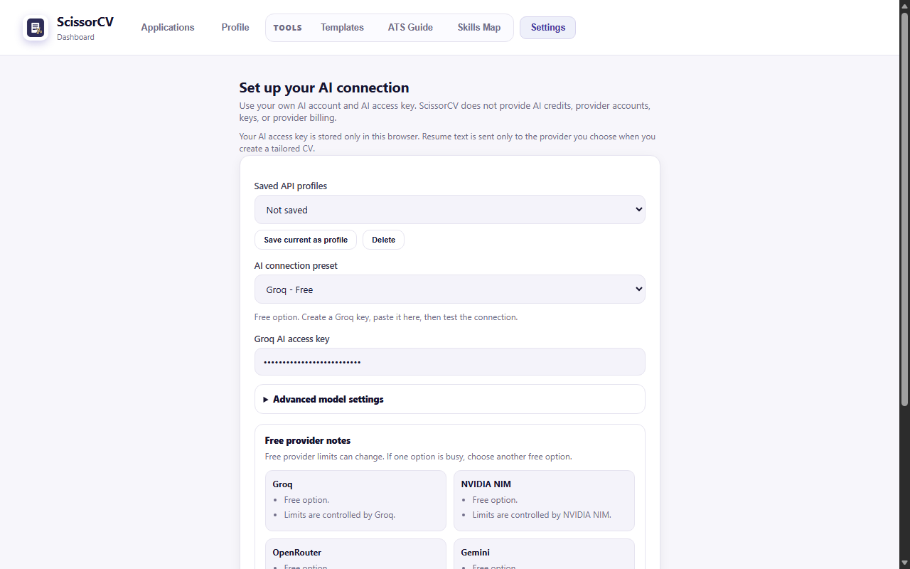 ScissorCV settings screen where you paste your own AI provider API key
