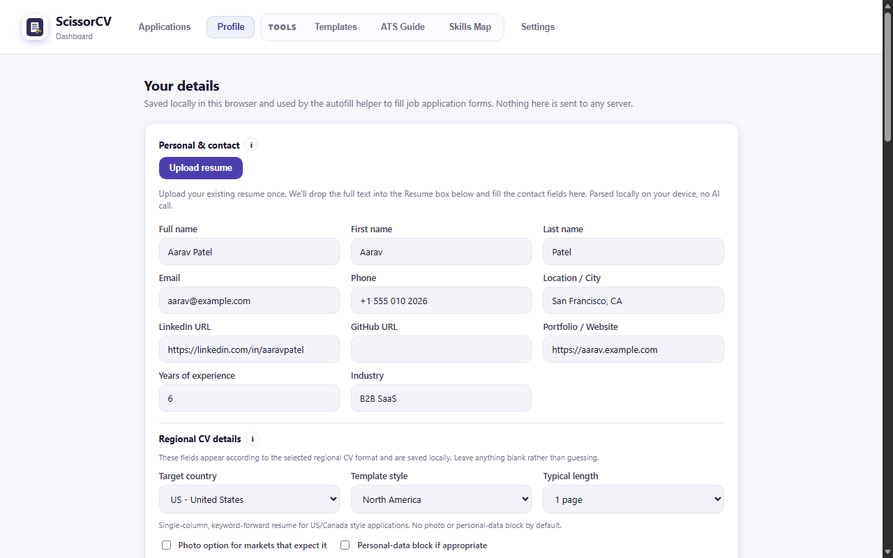 ScissorCV profile screen with a regional CV format selector for different job markets