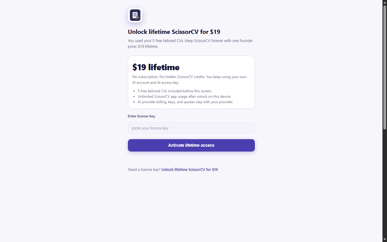 ScissorCV pricing screen showing five free runs then $19 lifetime founder pricing, with no subscription option