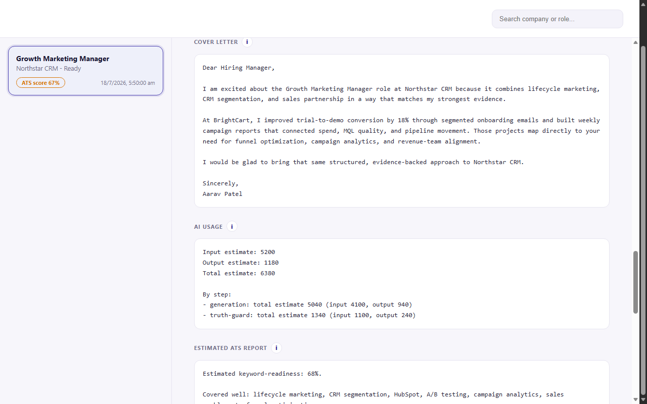 ScissorCV cover letter screen, generating a letter from the same resume evidence and job description