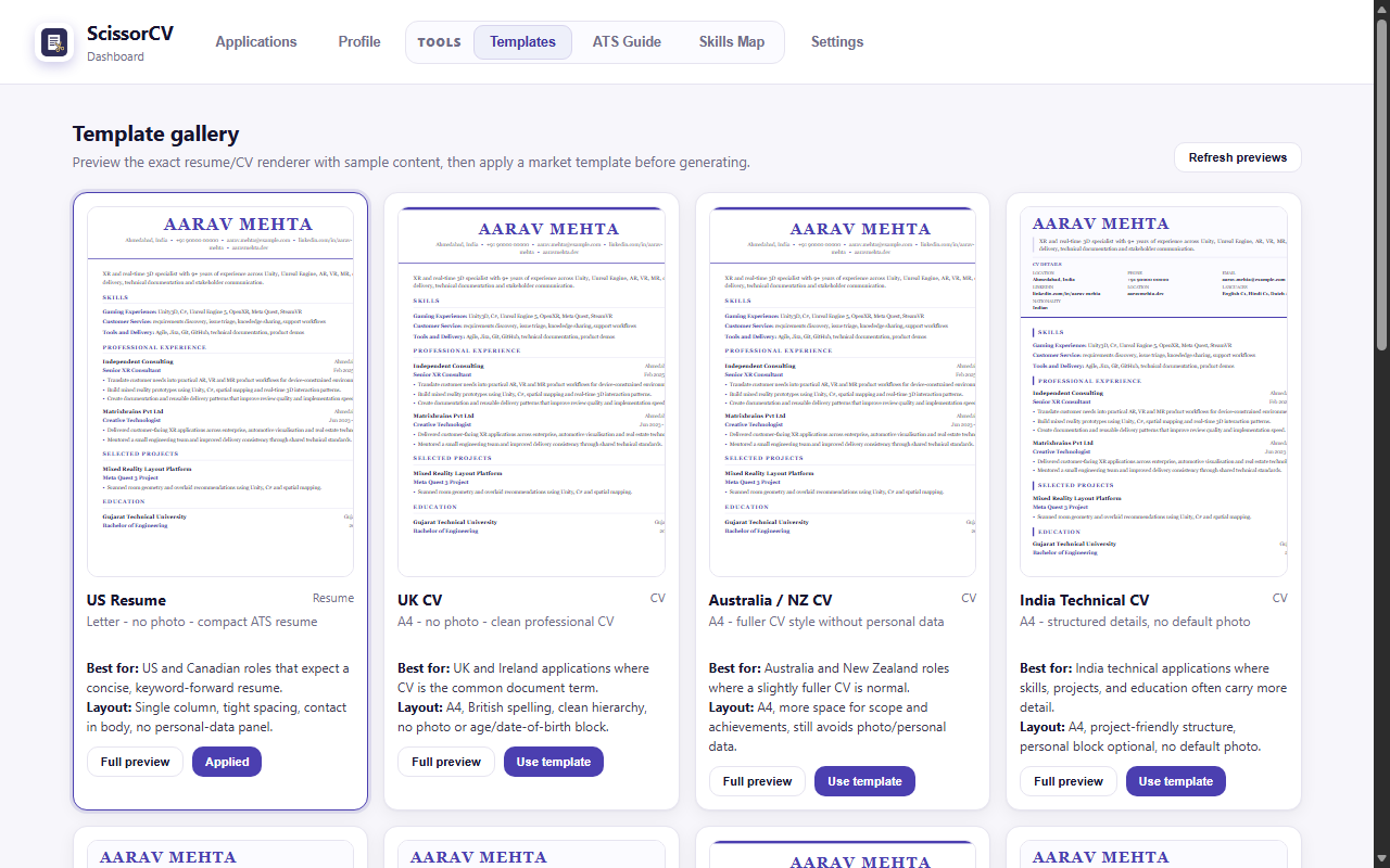 ScissorCV template gallery showing ATS-safe resume layouts